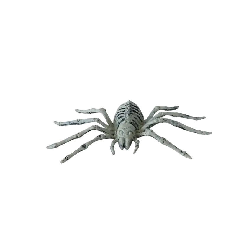 Gray skeleton-style plastic spider figurine with segmented legs and ribbed body from halloween animal skeleton set