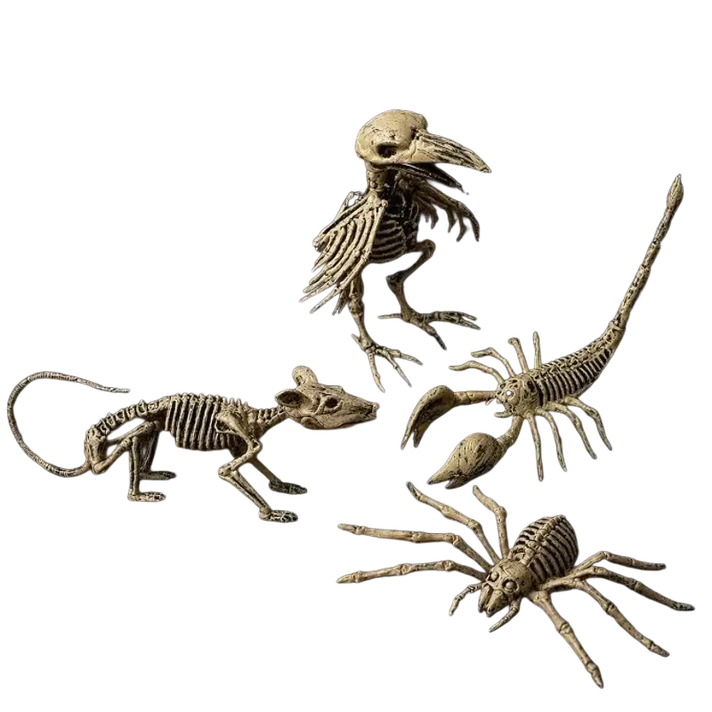 A halloween animal skeleton 4-piece decoration set featuring off-white plastic bird mouse scorpion and spider figurines
