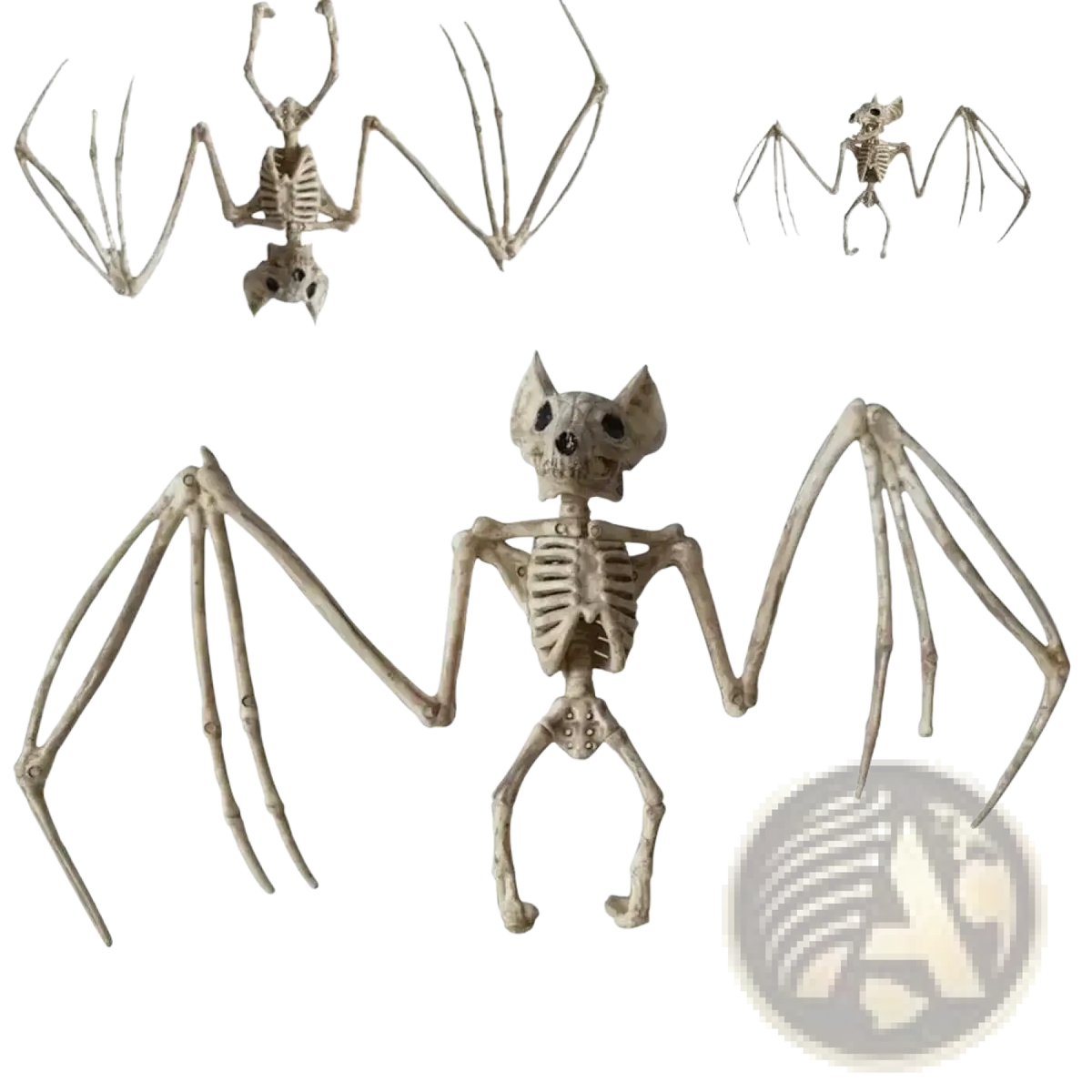 Beige plastic bat skeleton decoration with articulated wings and detailed skull from halloween animal skeleton props set