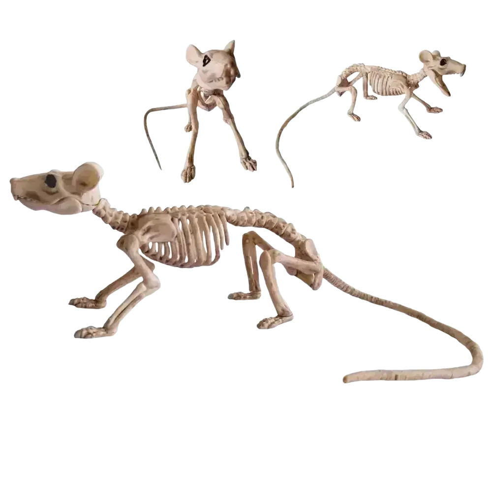 Beige plastic halloween animal skeleton figurines in various poses for halloween animal skeleton props set