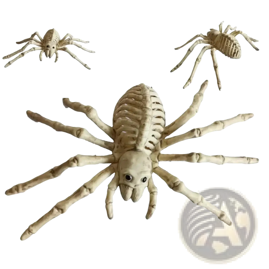 Bone-white plastic spider figurines with articulated legs and detailed skeletons in halloween animal skeleton props set