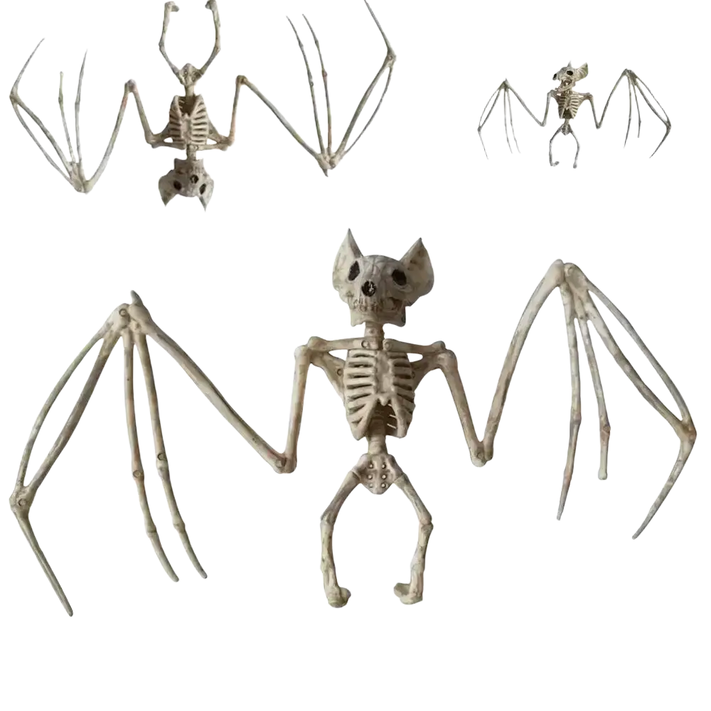 White plastic halloween animal skeleton props set featuring articulated bat bones with detailed skeletal features