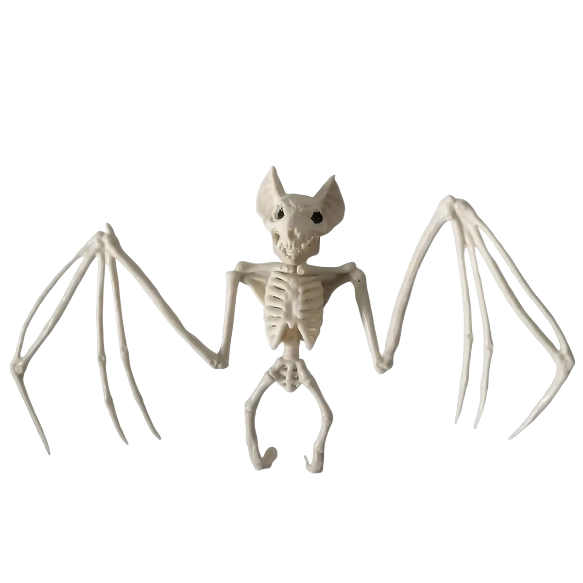 White plastic bat skeleton figurine with articulated wings and detailed bones for halloween animal skeleton props set