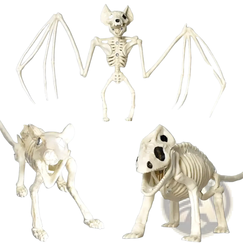 White plastic Halloween animal skeleton props set featuring articulated bat and cat bones against a dark backdrop