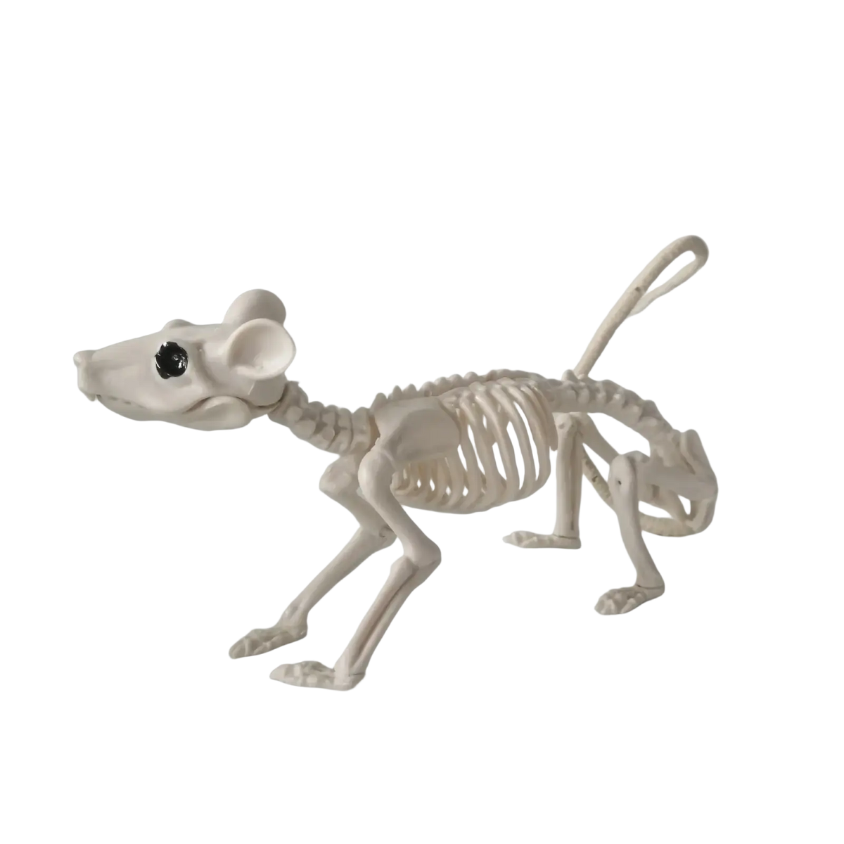 White plastic mouse skeleton figurine with black bead eyes from Halloween animal skeleton props set