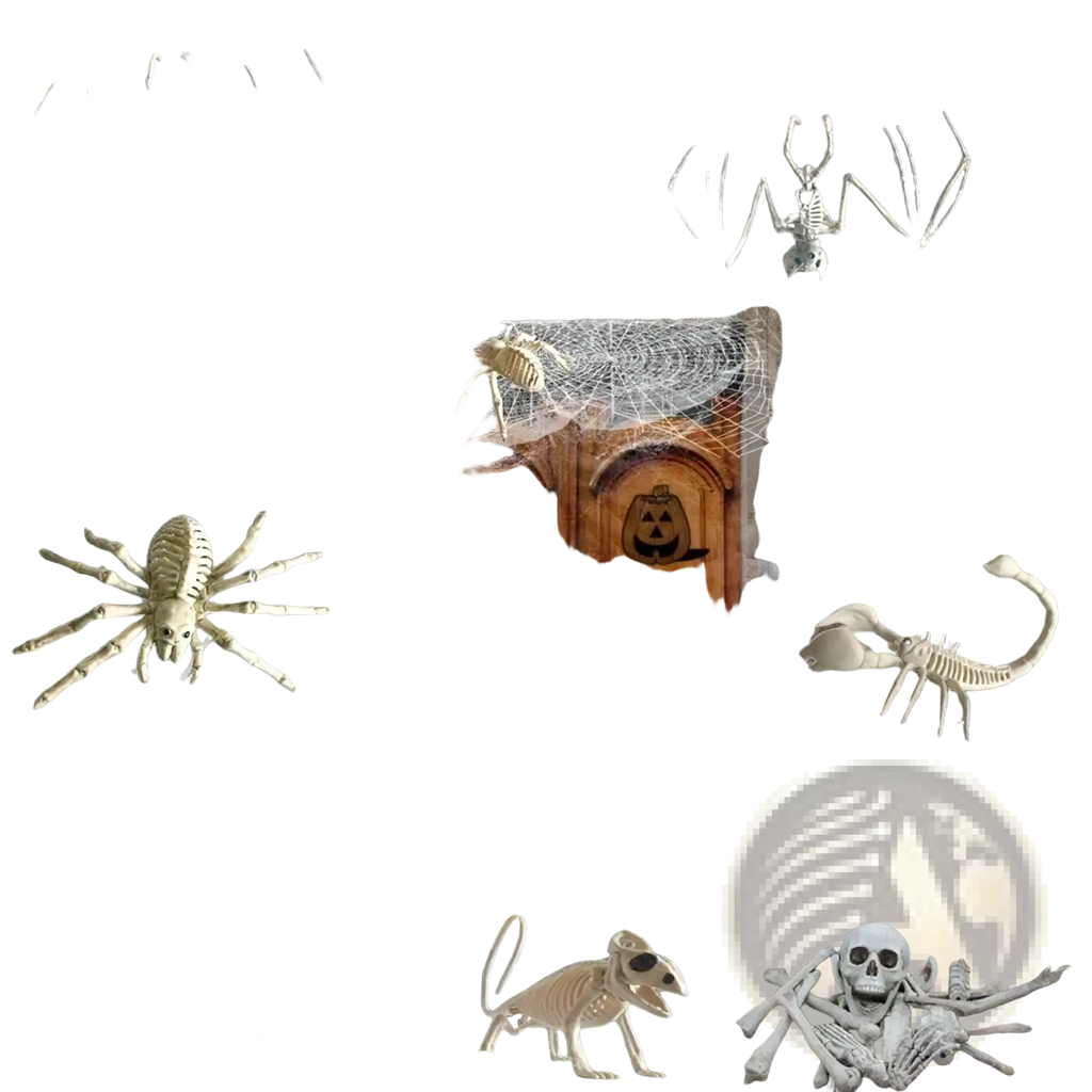 Wooden double doors with skull and pumpkin decals from halloween animal skeleton props set for seasonal decoration