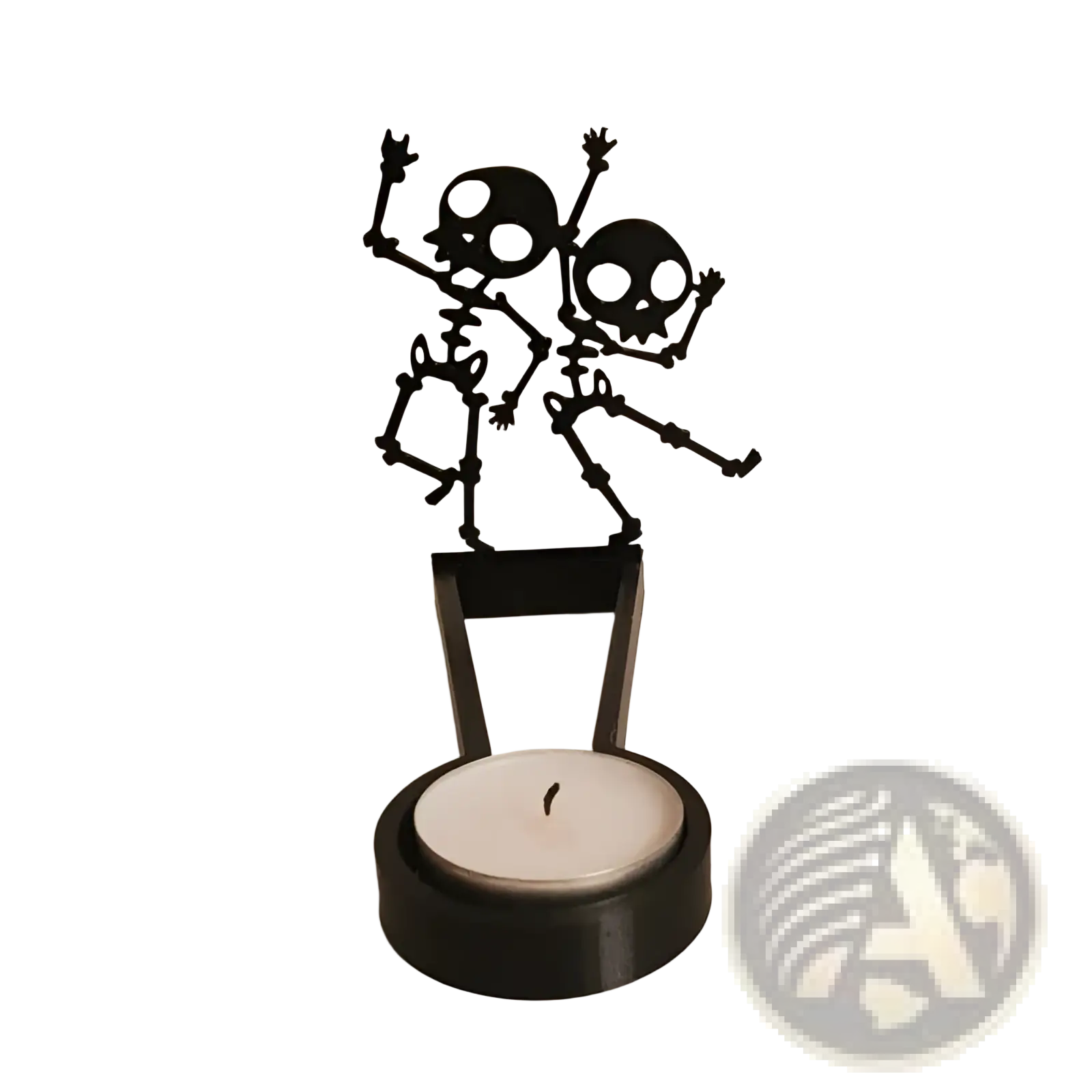 Black metal halloween bat candle holder featuring skeletal dancers with circular base and rectangular support