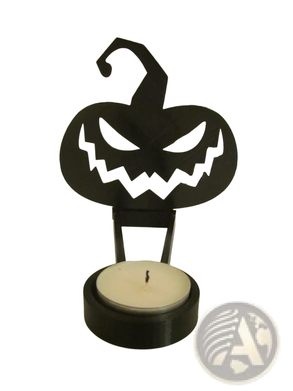 Black metal halloween bat candle holder with carved pumpkin silhouette and circular base holding white tea light