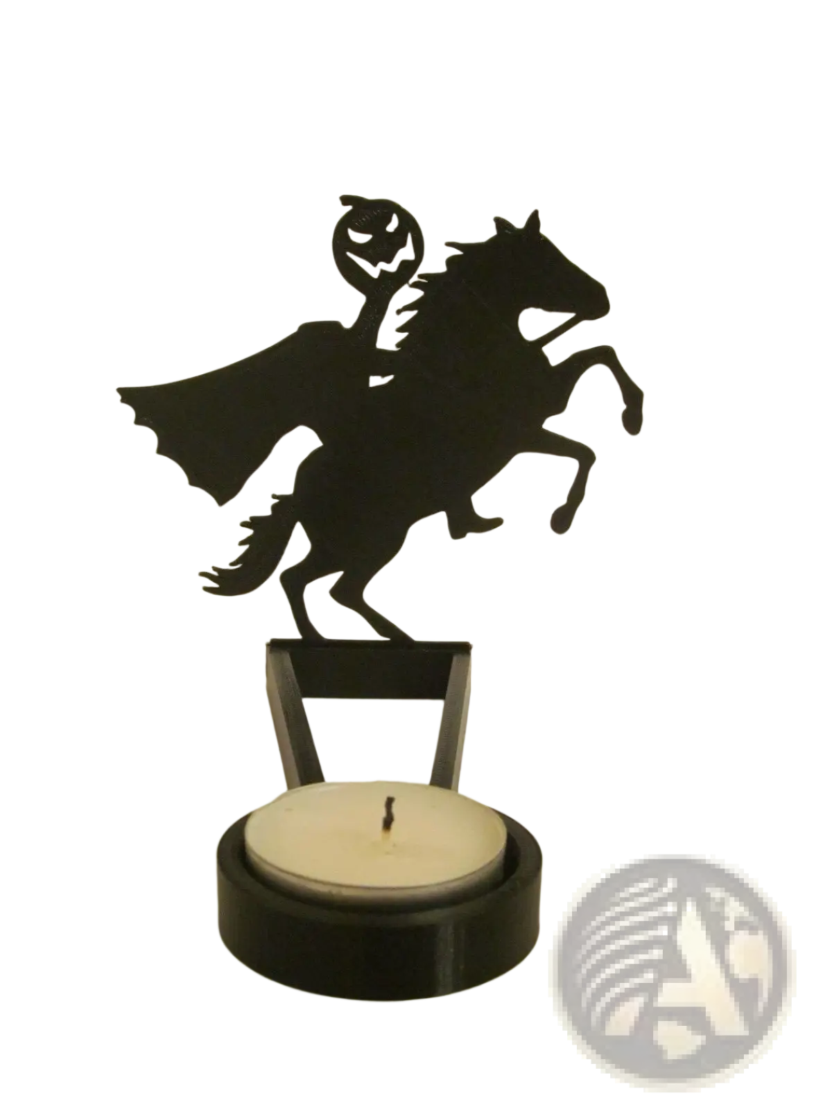 Black metal halloween bat candle holder featuring a silhouette of a rider on horseback holding a jack o lantern