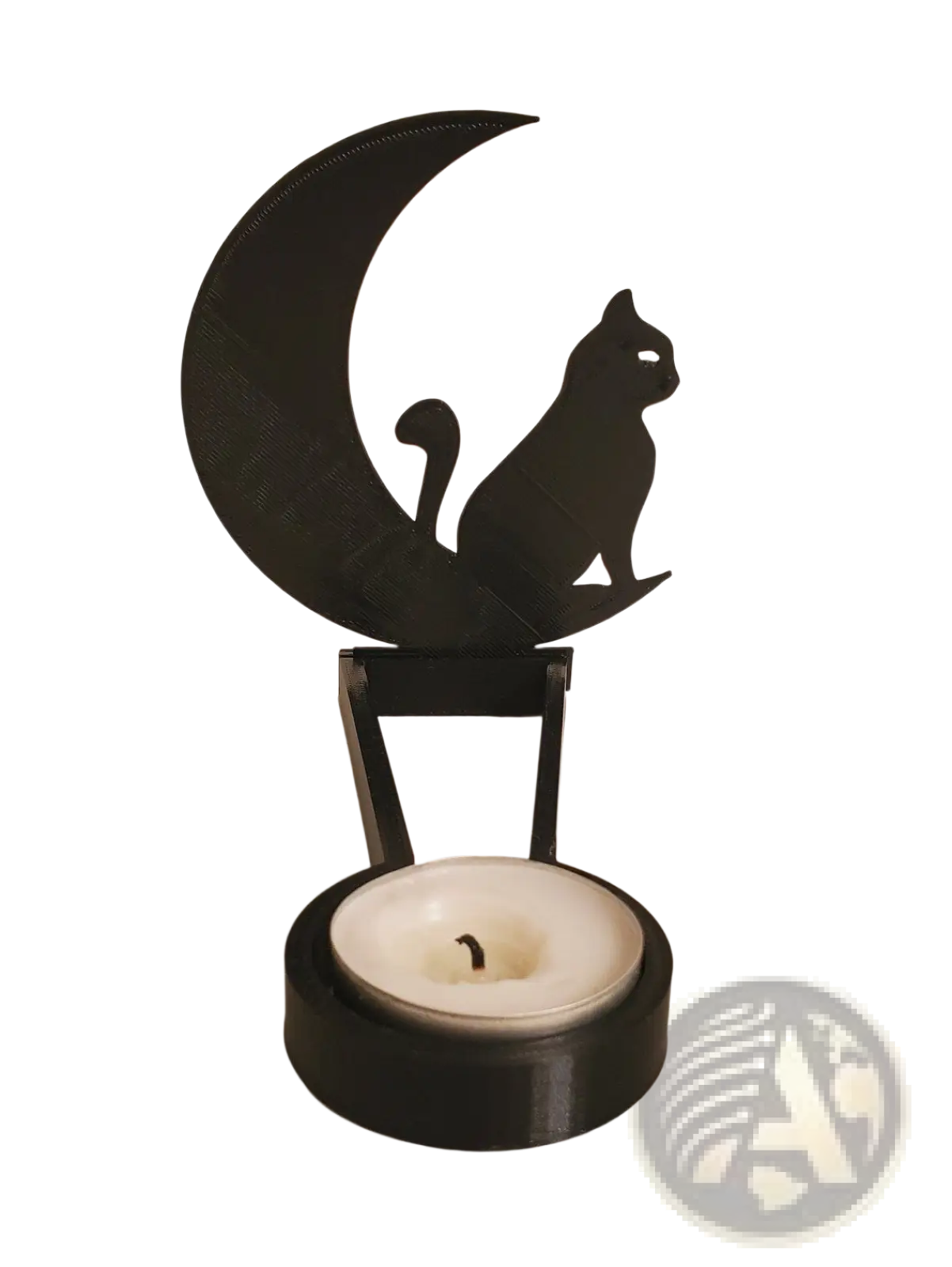 Black metal halloween bat candle holder featuring a matte finish with black crescent moon and cat silhouette design