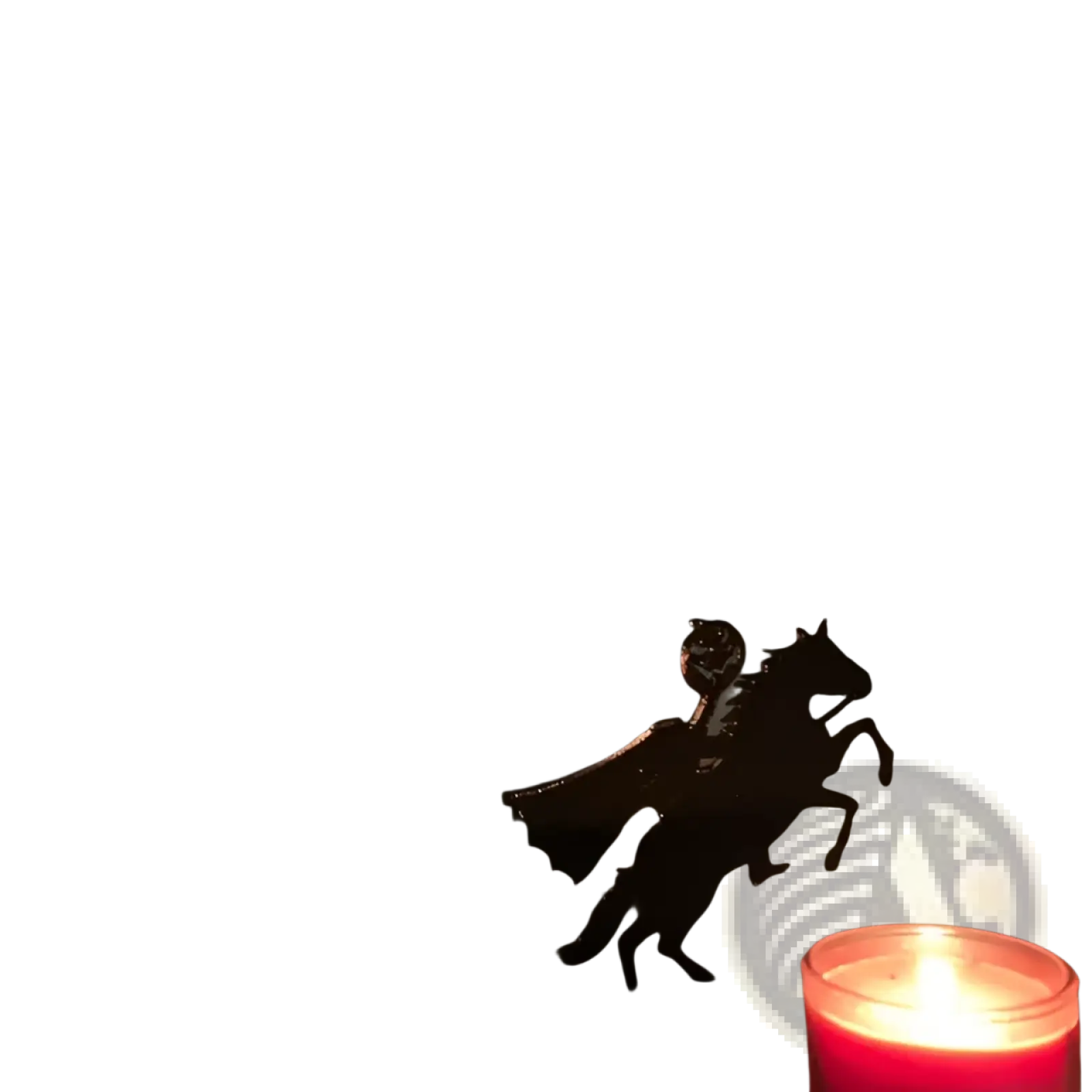 Black metal Halloween bat candle holder with a detailed silhouette of a rider on horseback and a small sphere ornament