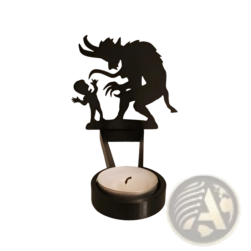 Black metal halloween bat candle holder featuring a menacing creature and child silhouette shadow decor