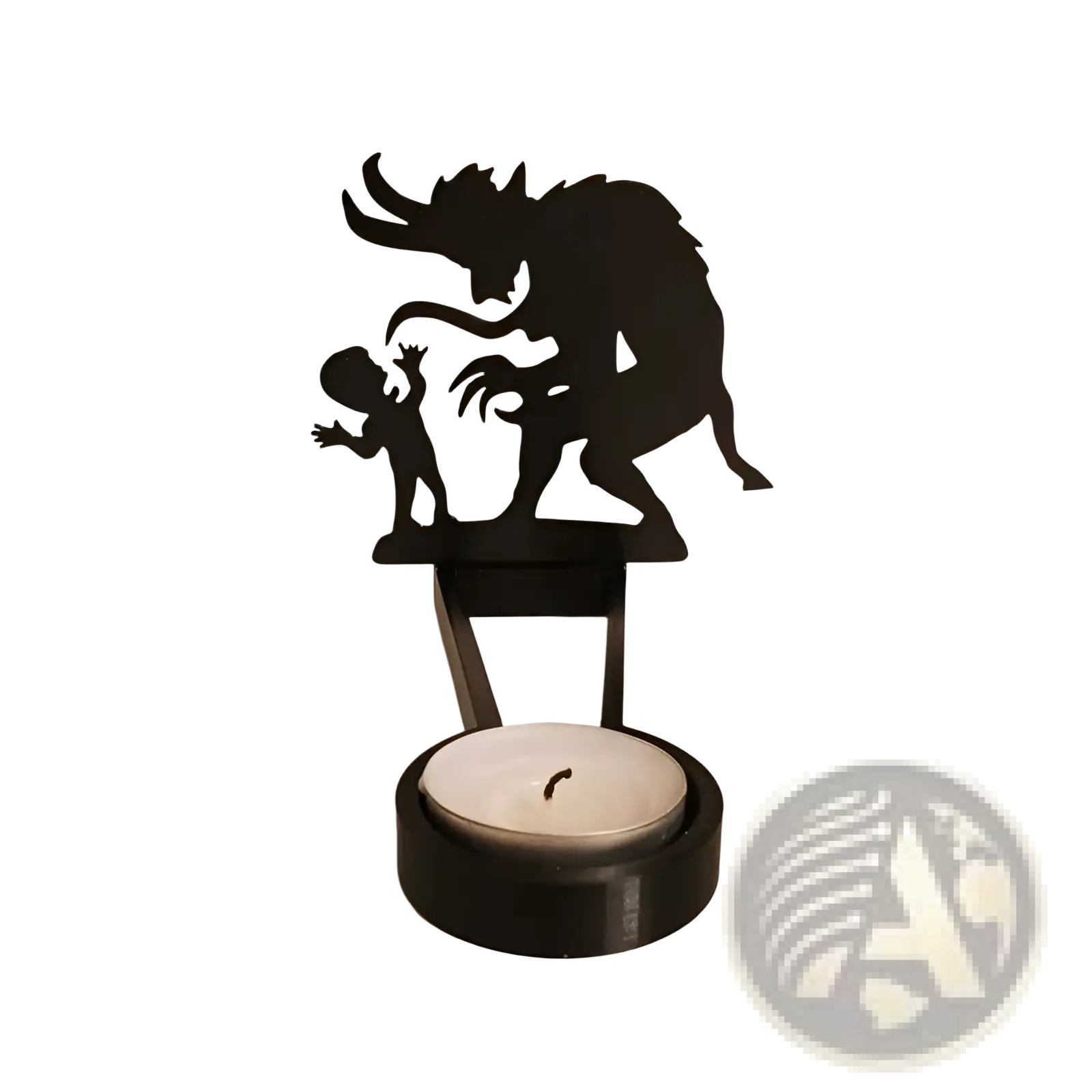 Black metal halloween bat candle holder featuring a menacing creature and child silhouette shadow decor