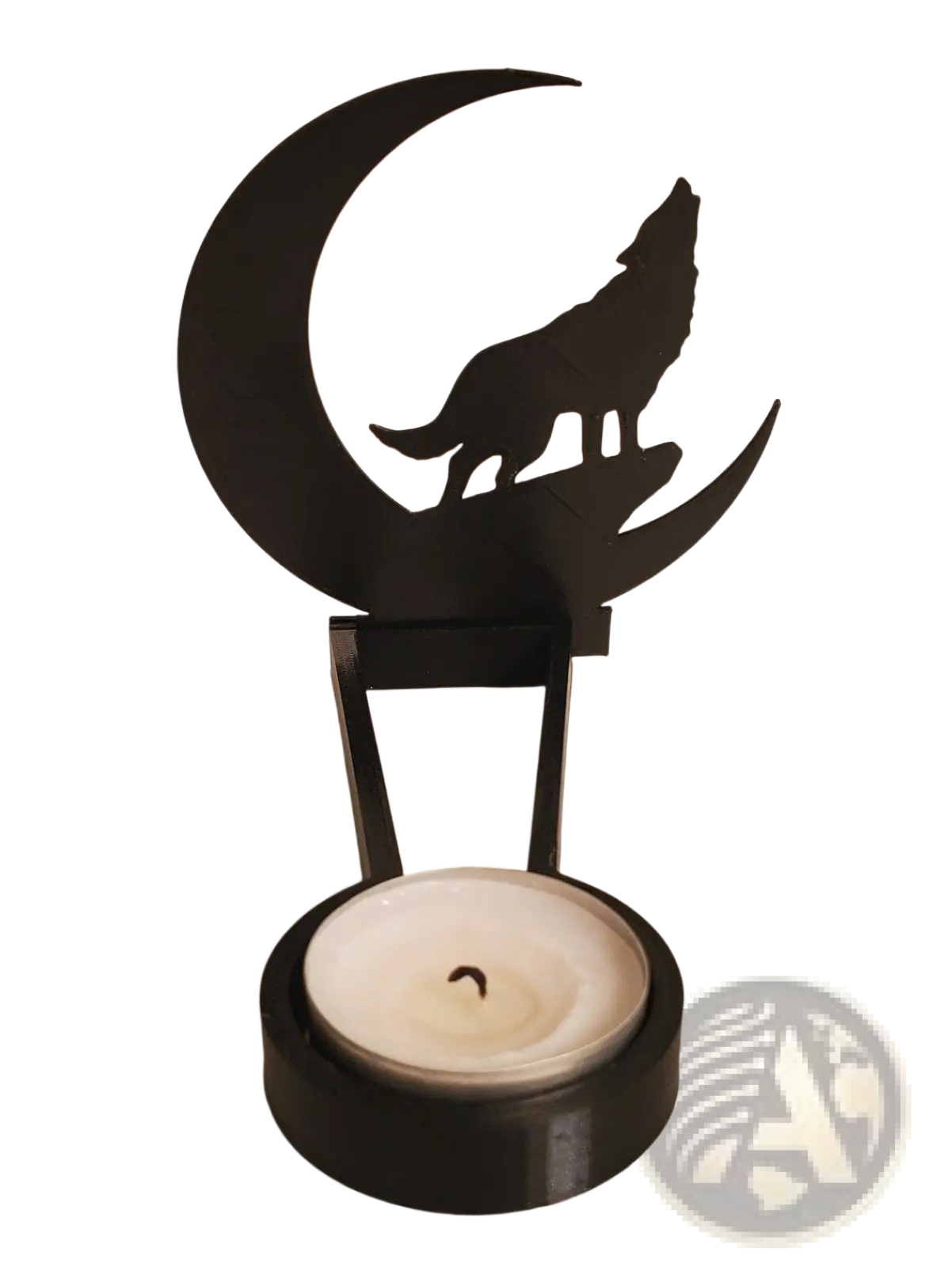 Black metal candle holder featuring a howling wolf silhouette atop a crescent moon for halloween decor
