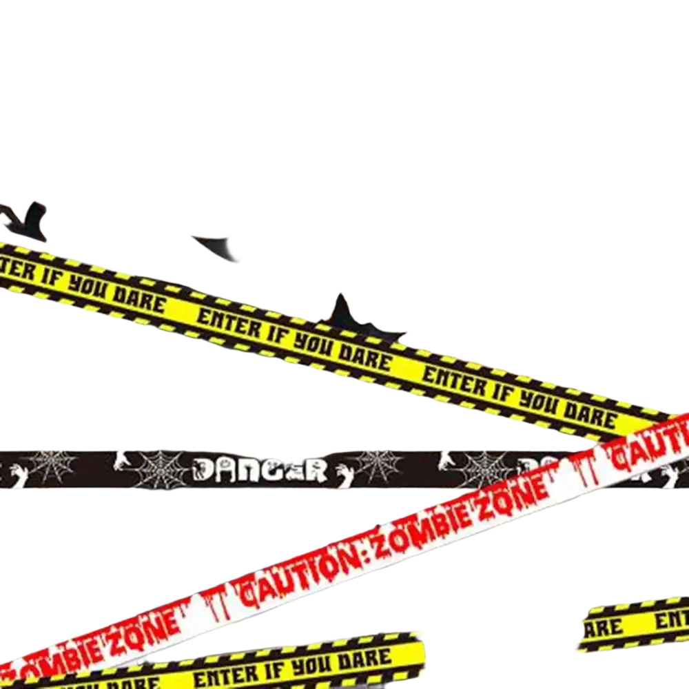 Black bat-shaped halloween decorations hanging from porch ceiling with halloween caution tape as warning tape barrier
