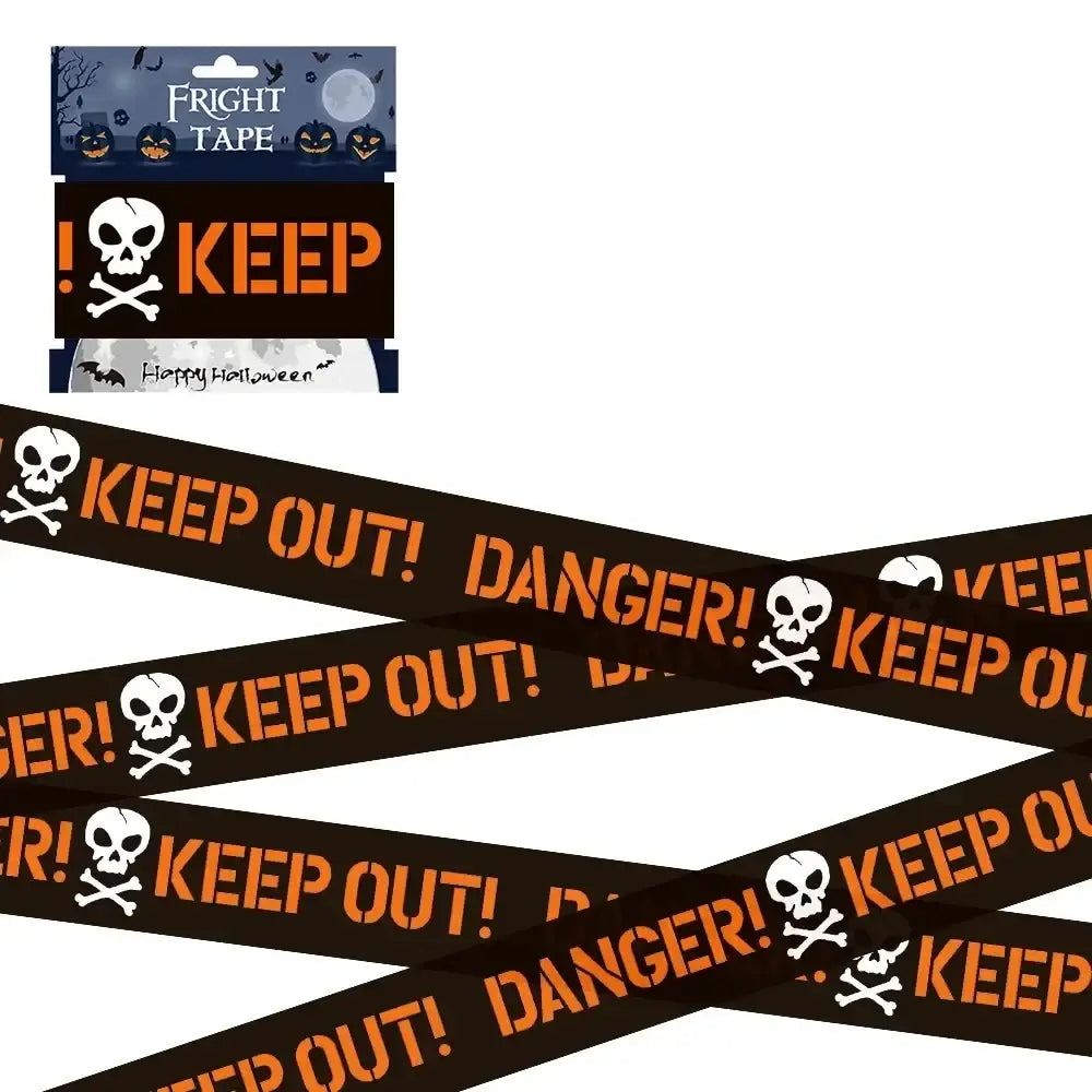 Black halloween caution tape with orange keep out danger text and white skull and crossbones warning tape for parties