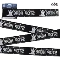 Black and white striped halloween caution tape lanyard with repeating warning tape logo pattern for spooky parties