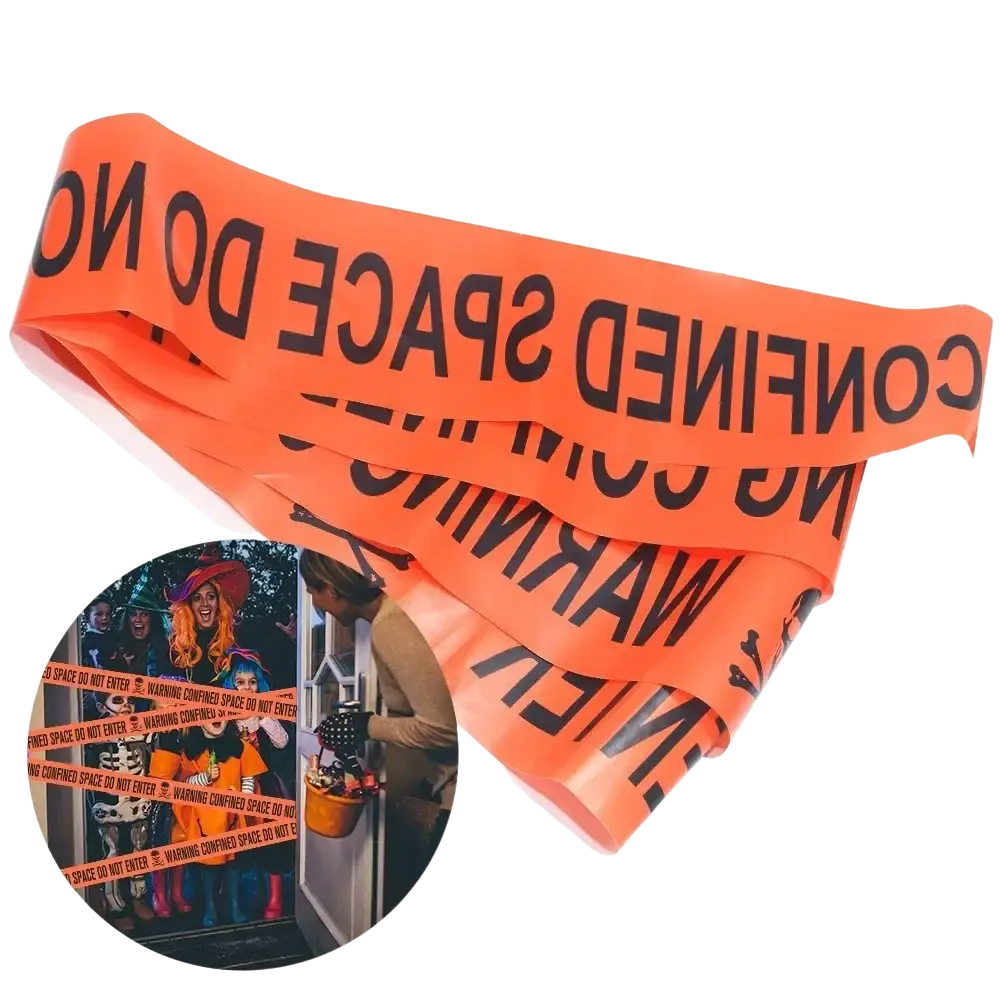 Bright orange halloween caution tape with bold black warning tape text and skull symbols for spooky party barriers