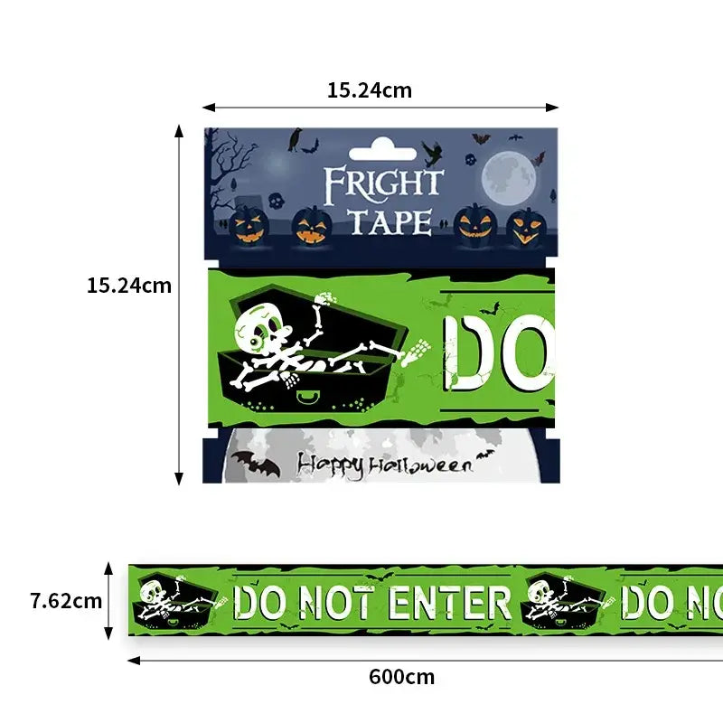 Green halloween caution tape featuring black skeleton and pumpkin designs for spooky party warning tape barrier