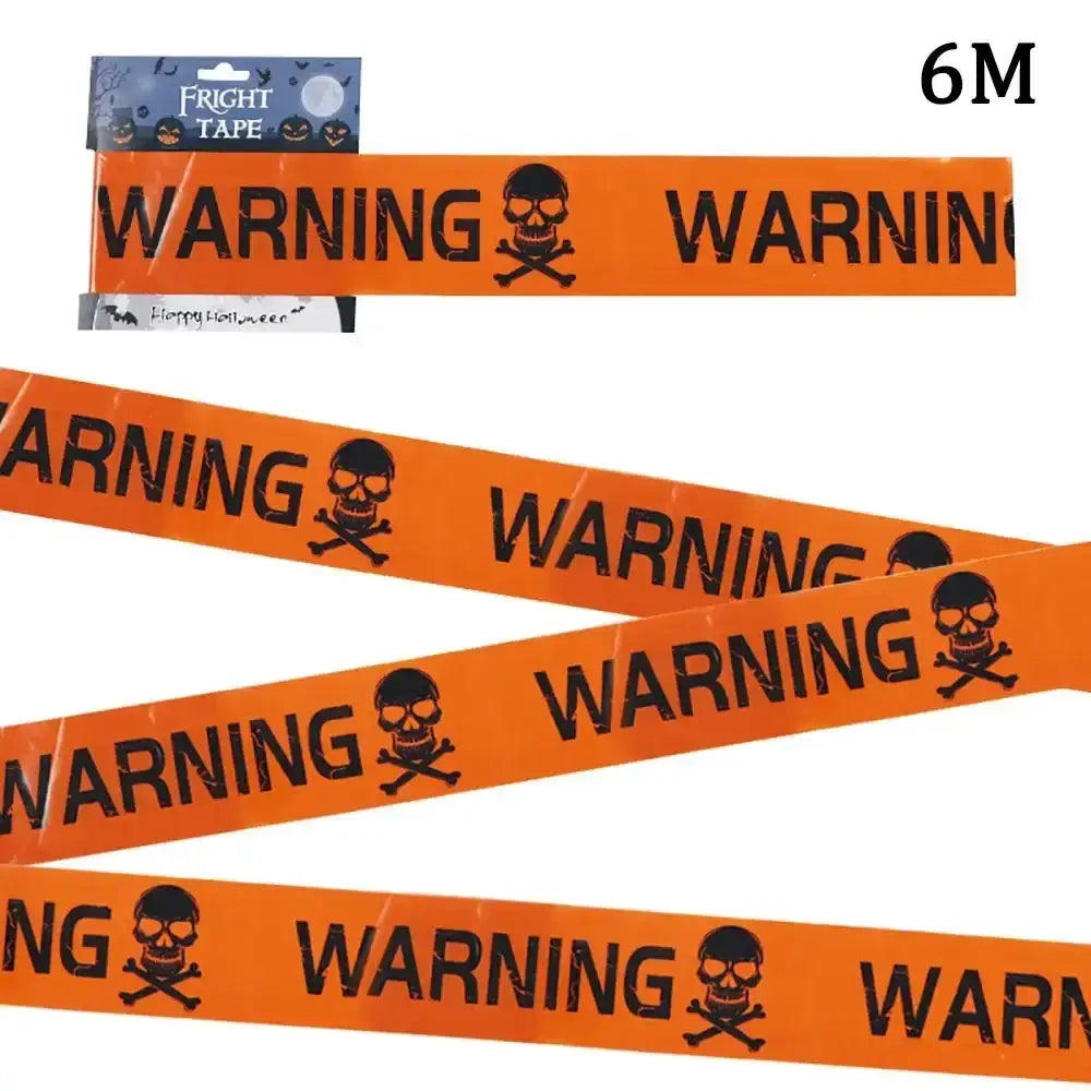 Orange halloween caution tape with black skull and crossbones warning symbols for spooky party barriers