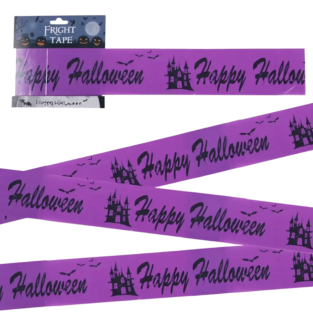 Purple halloween caution tape with black happy halloween text bat and castle patterns for spooky party warning tape