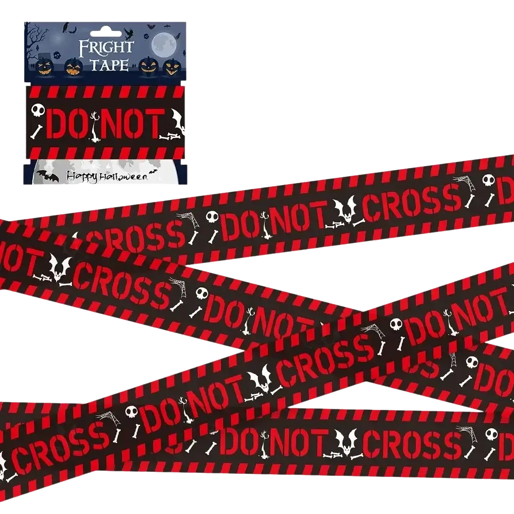 Halloween caution tape in red and black with white skulls bats and bones for spooky party warning tape