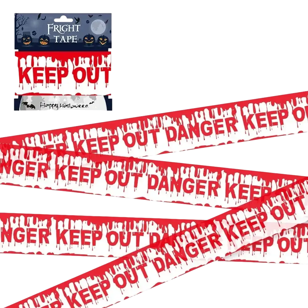 Halloween caution tape with red and white dripping blood effect designed as spooky warning tape for party barriers