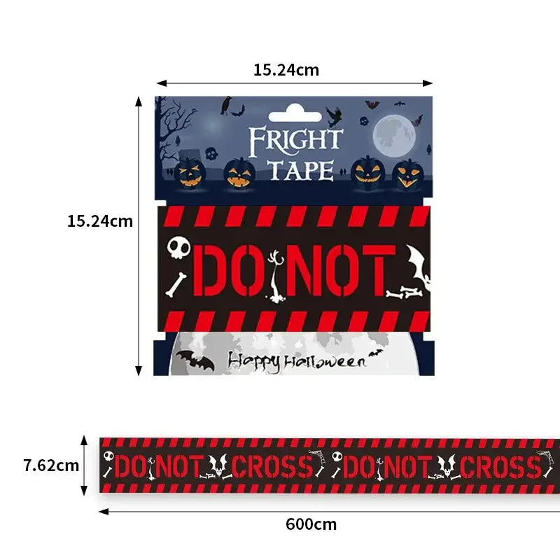 Halloween caution tape with black and red stripes featuring skulls bats and bold do not cross warning tape design