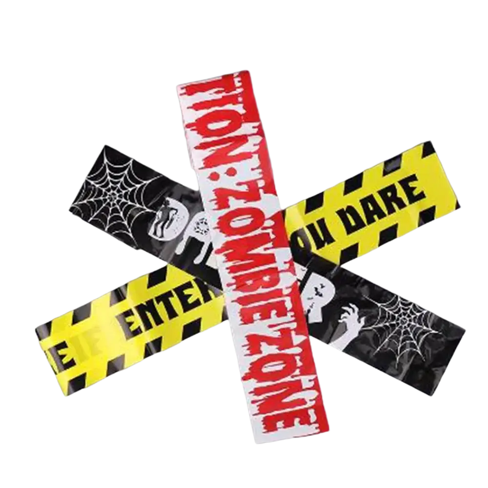 Halloween caution tape wristbands with black and white spiderwebs red zombie zone text and yellow warning tape patterns