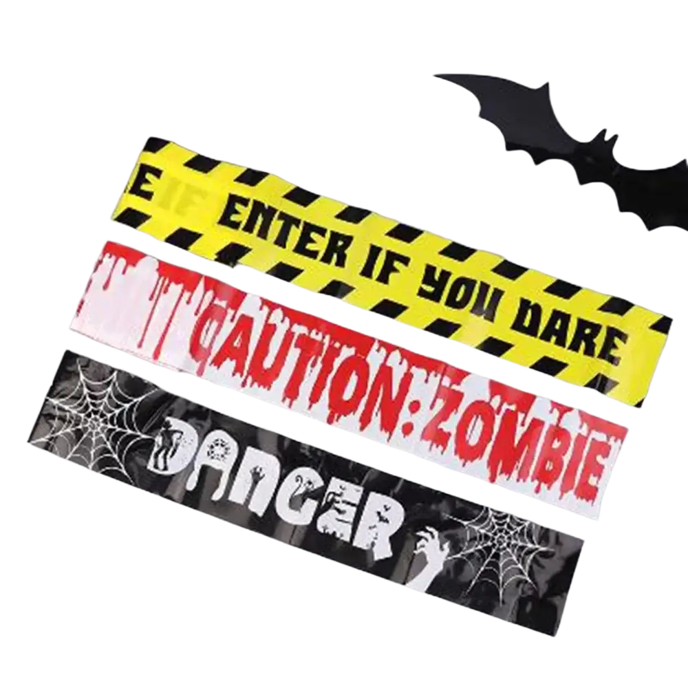 Three halloween caution tape wristbands in yellow black red and white with spooky warning designs for party use