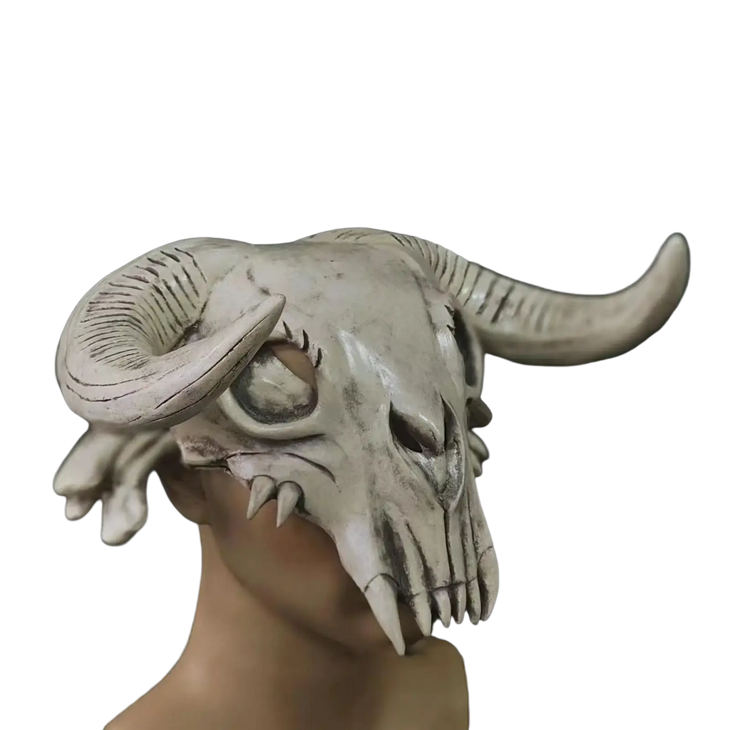Off-white halloween cosplay mask featuring a detailed ram skull design with textured ridges and sharp teeth head mask