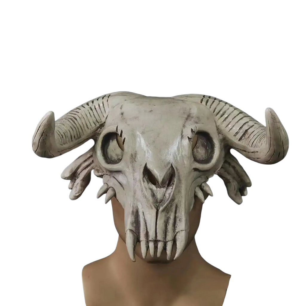 Detailed off-white halloween cosplay mask featuring a textured ram skull design with sharp teeth for head mask use