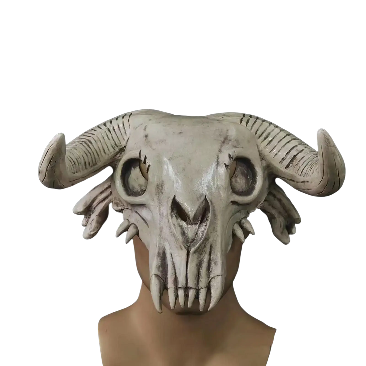 Detailed off-white halloween cosplay mask featuring a textured ram skull design with sharp teeth for head mask use