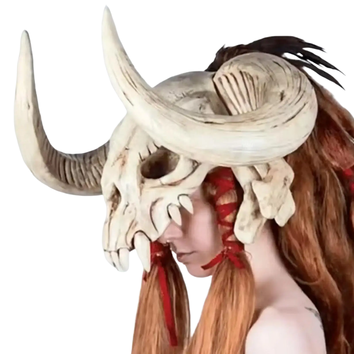 Off-white creepy ram skull halloween cosplay mask with textured bone finish and black feather accents head mask