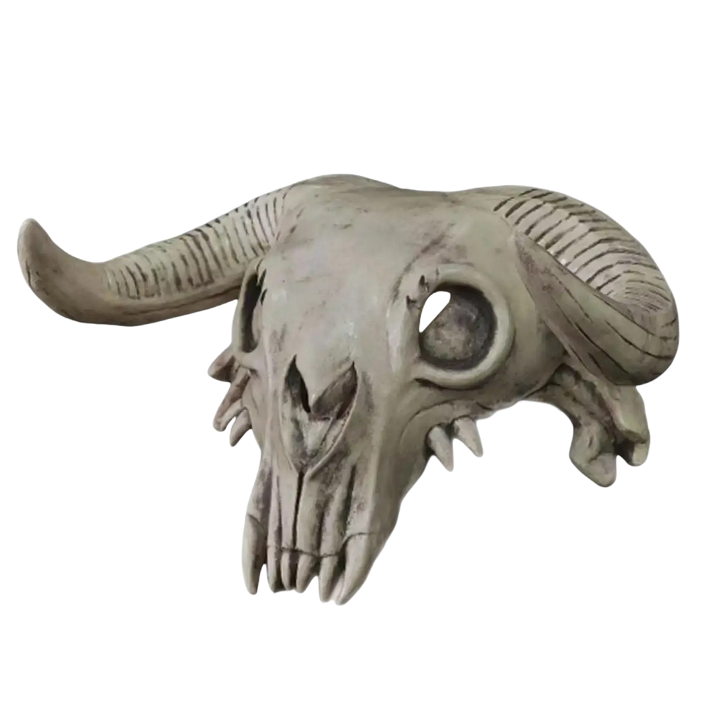 Gray plastic halloween cosplay mask featuring a creepy ram skull headpiece with detailed ridged horns and sharp teeth