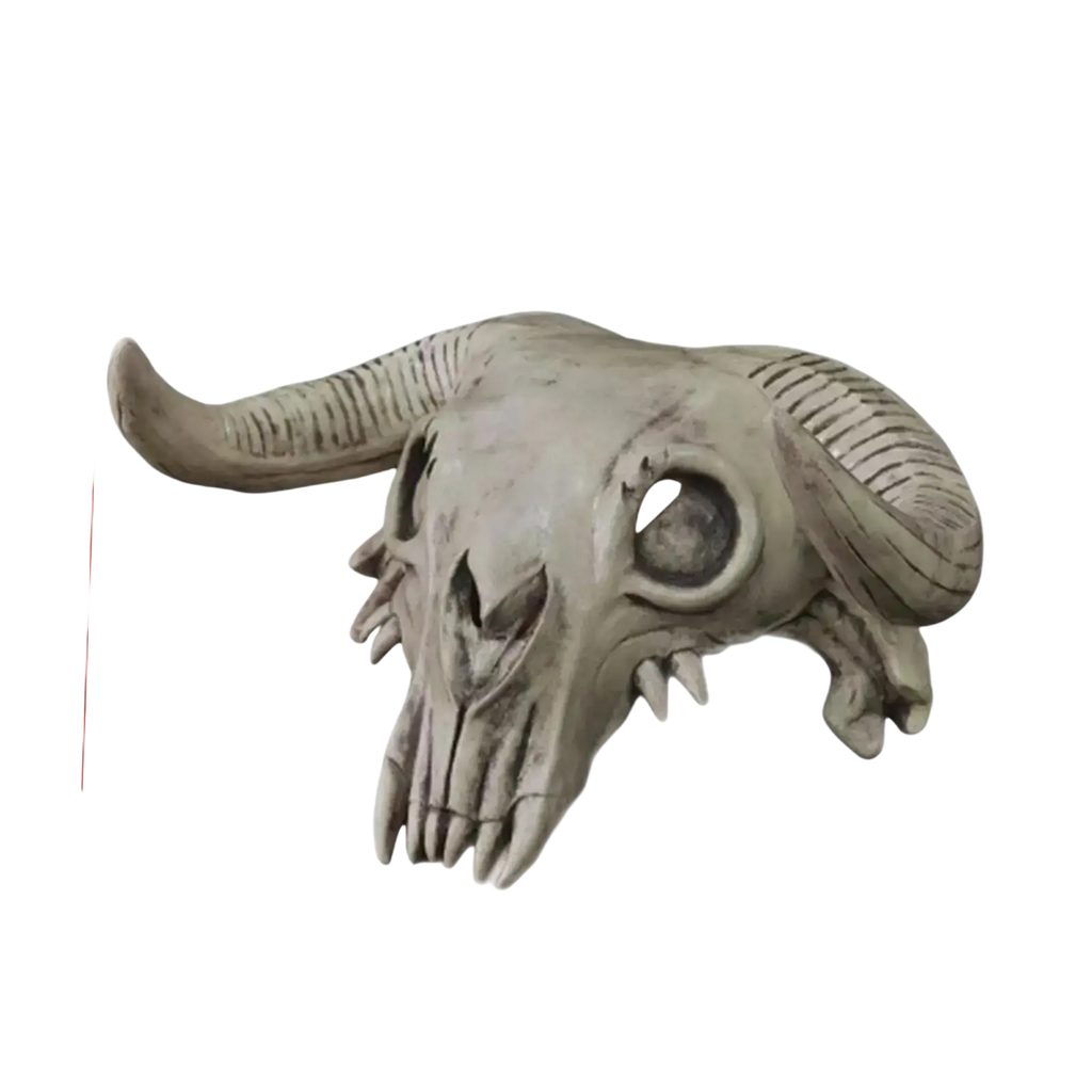Gray resin ram skull headpiece cosplay mask measuring 33cm wide and 30cm tall for halloween cosplay mask use