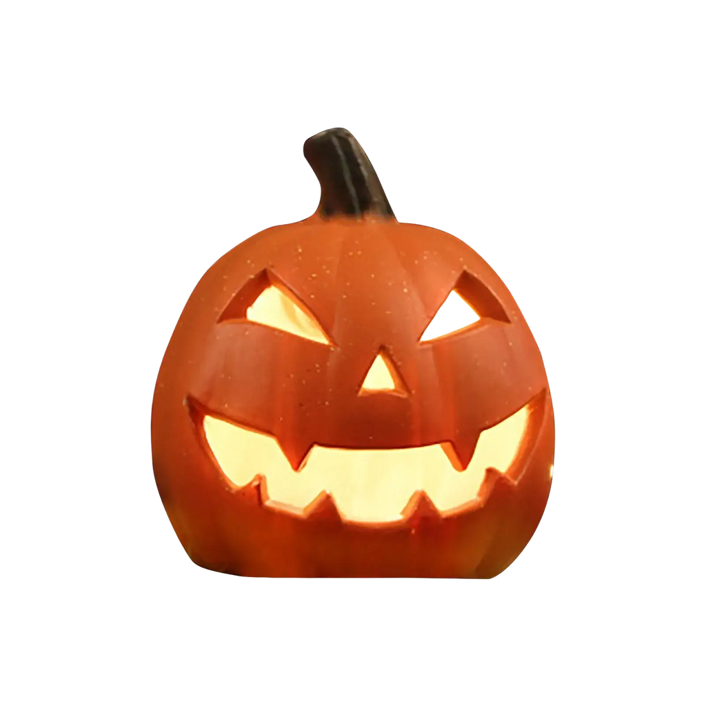 Orange plastic halloween pumpkin with black stem and glowing yellow led light for indoor outdoor halloween decor