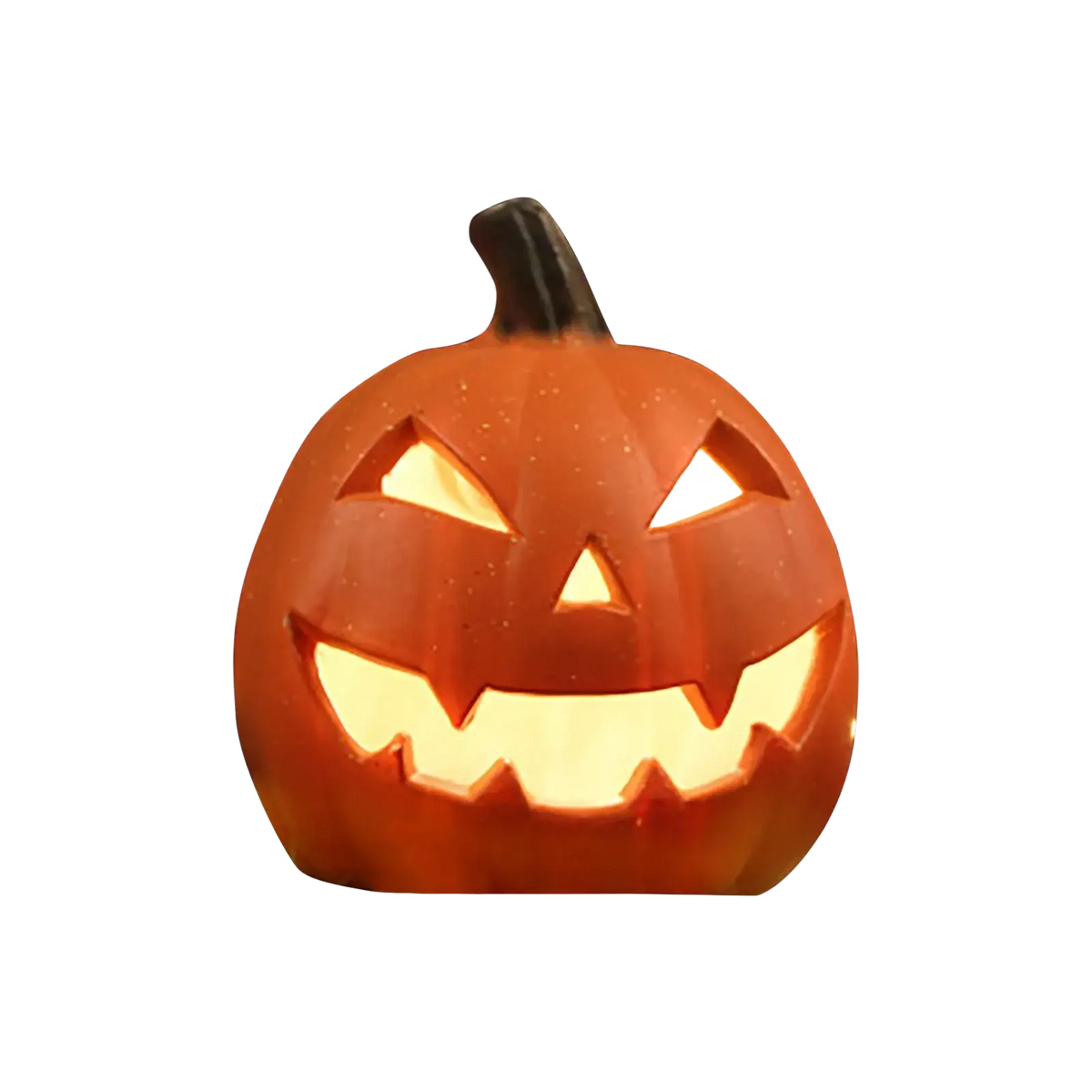 Orange plastic halloween pumpkin with black stem and glowing yellow led light for indoor outdoor halloween decor