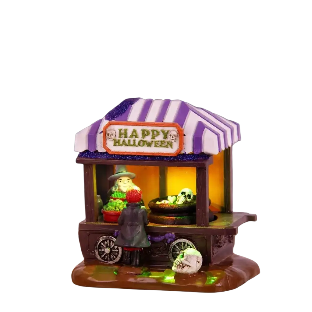 Purple and white striped halloween decor rolling soup pot with glowing green skulls and a hand-painted witch vendor 5x14cm