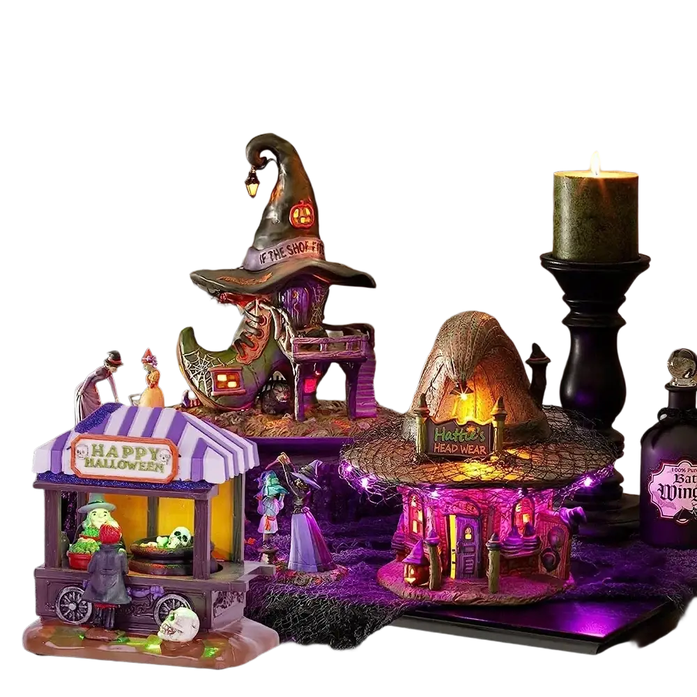 Purple and orange illuminated halloween decor rolling soup pot figurine with witch hats cobwebs 5x14cm