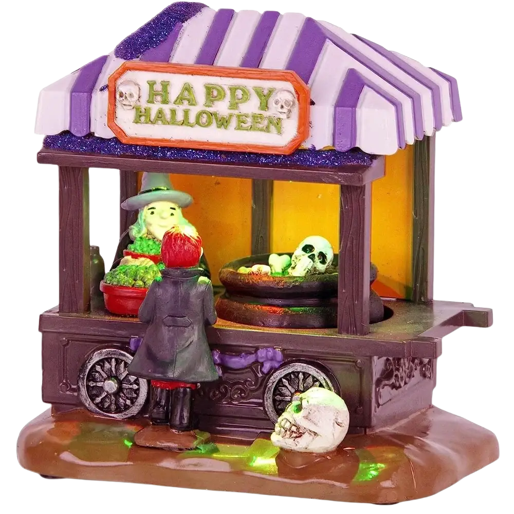 Purple and white striped awning with glittery trim above halloween decor rolling soup pot witch shop figurine 5x14cm
