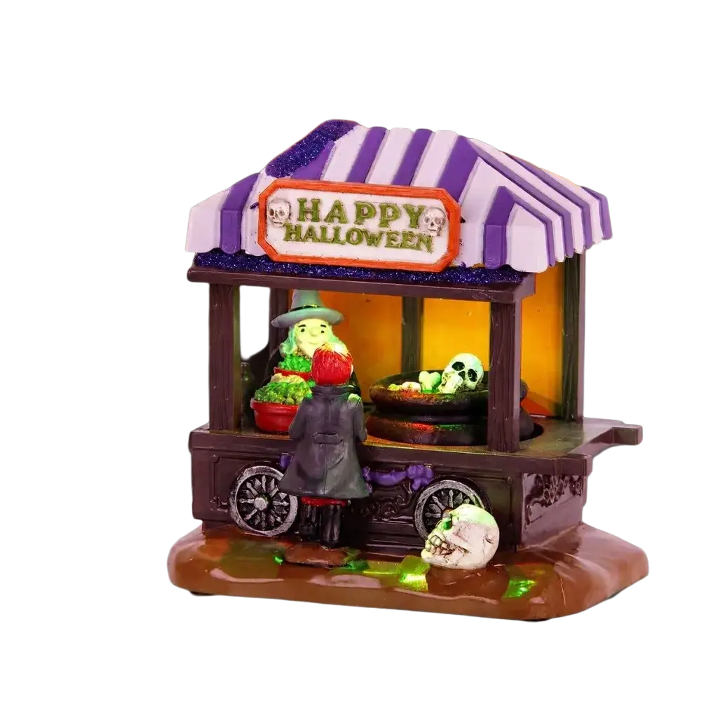 Purple and white striped awning with happy halloween sign above led spooky witch shop rolling soup pot halloween decor 5x14cm