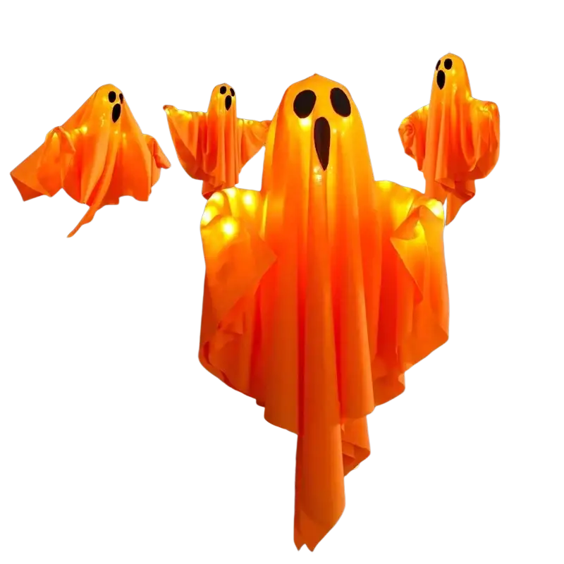 Orange glowing halloween decoration LED ghost made of lightweight fabric with black eye and mouth cutouts hanging prop