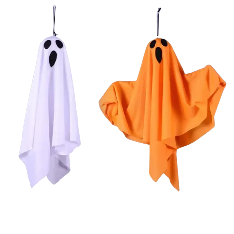 Two fabric LED glowing ghosts in white and orange with black cutout faces for Halloween decoration hanging prop