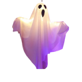 A glowing white inflatable ghost halloween decoration with black cutouts and warm white led lighting hanging prop