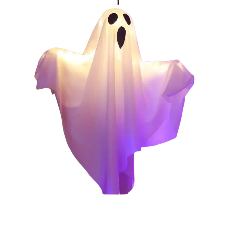 A glowing white inflatable ghost halloween decoration with black cutouts and warm white led lighting hanging prop