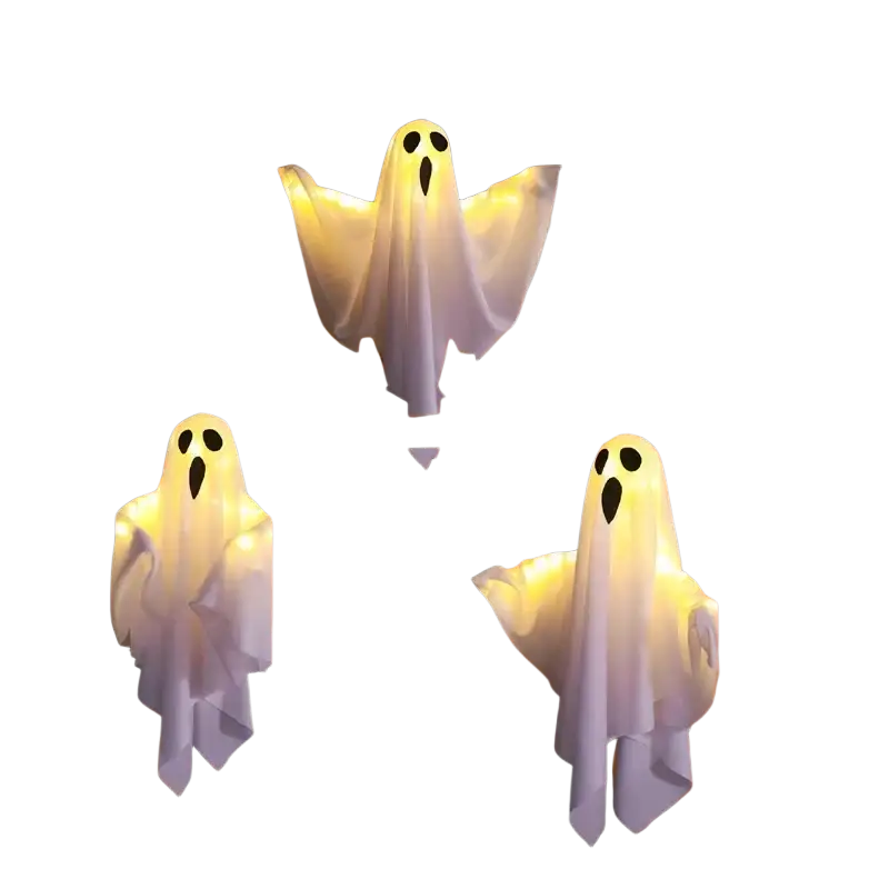 White translucent led glowing ghost halloween decoration hanging from wooden fence for outdoor use
