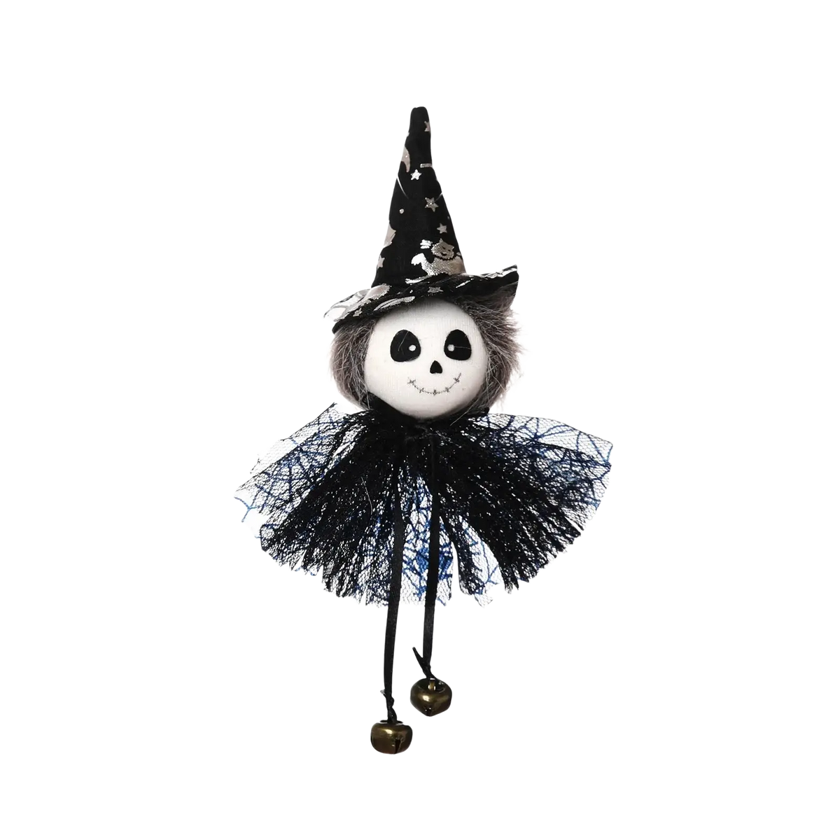 Black witch-themed skeleton figurine halloween decoration with star-patterned hat tulle skirt and dangling bells pendant halloween