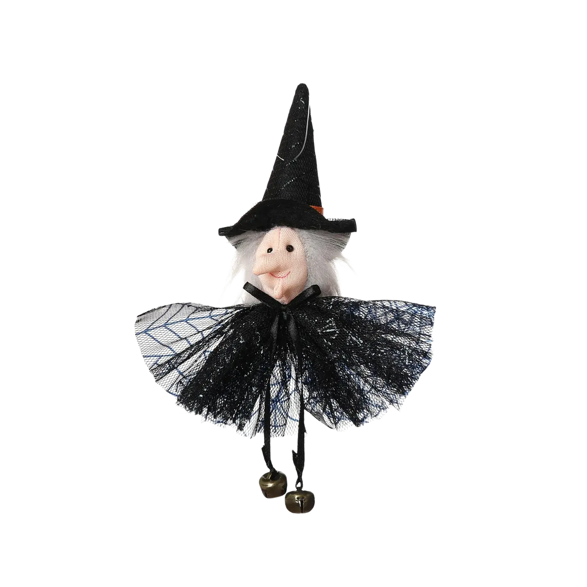 Black witch halloween decoration pendant with pointed hat lace skirt and dangling bells fabric figurine