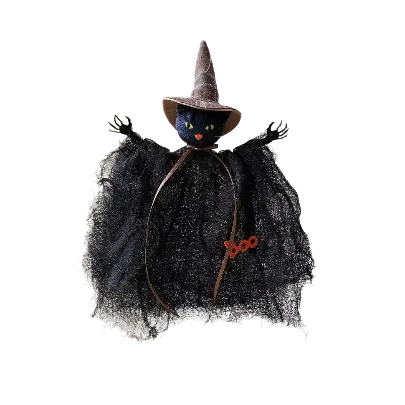 Black witch cat halloween decoration with green eyes orange nose brown pointed hat fabric pendant halloween figurine